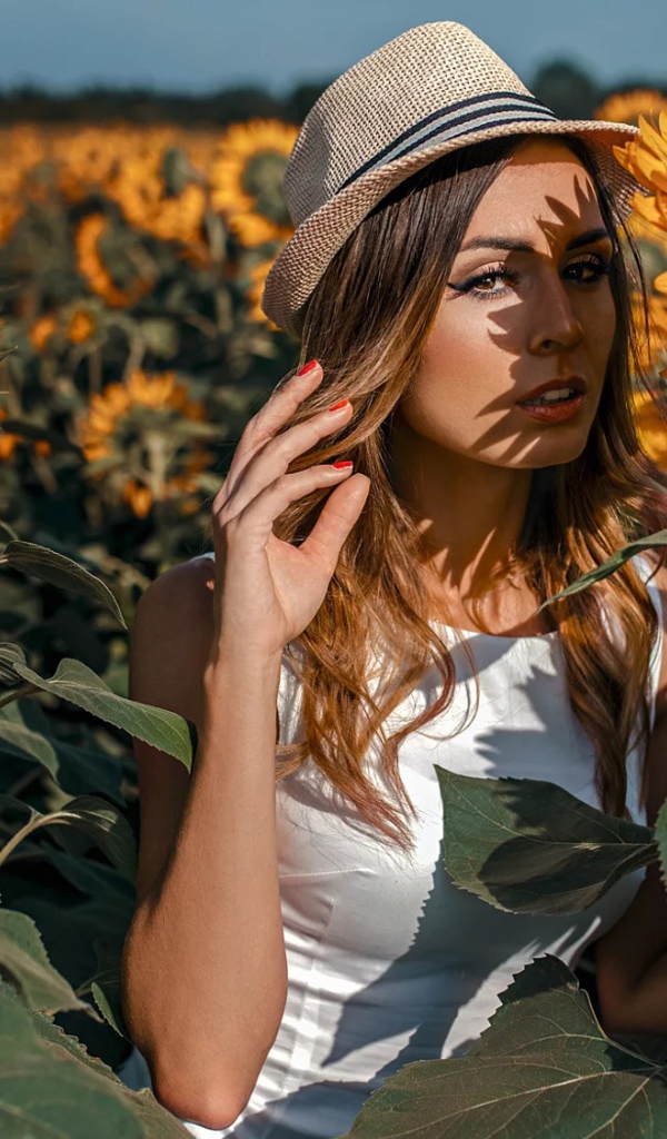 Красивая девушка в шляпе стоит на поле с подсолнухами