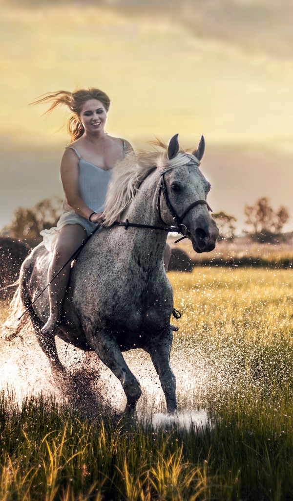 Красивая молодая девушка скачет на лошади по мокрой траве