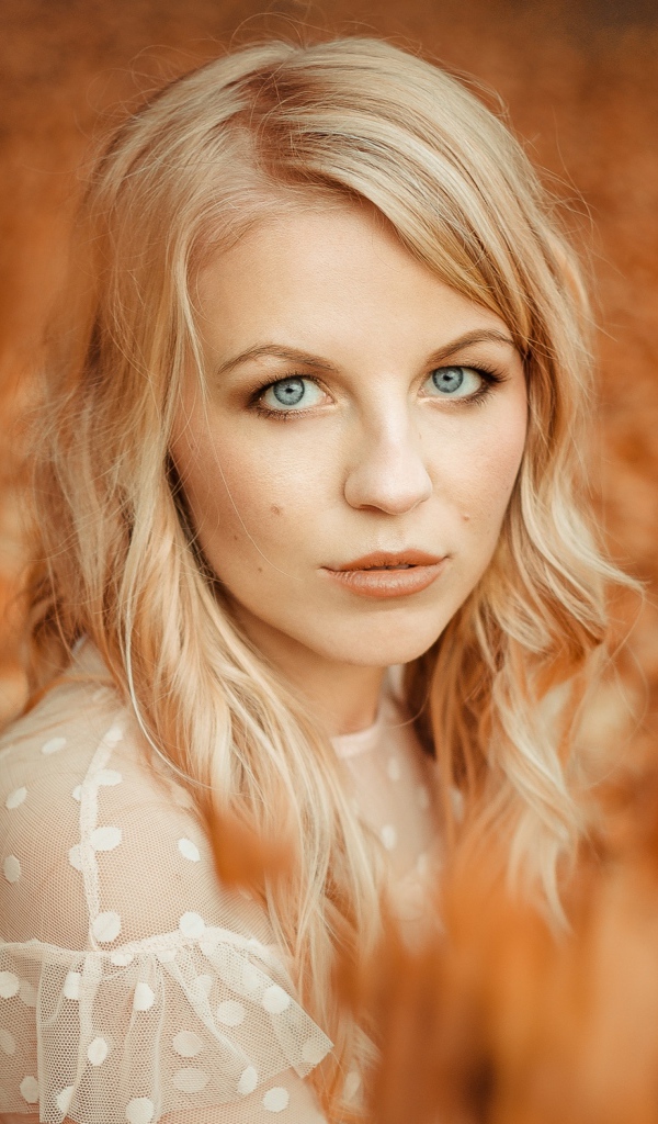 Голубоглазая девушка блондинка на фоне желтой листвы