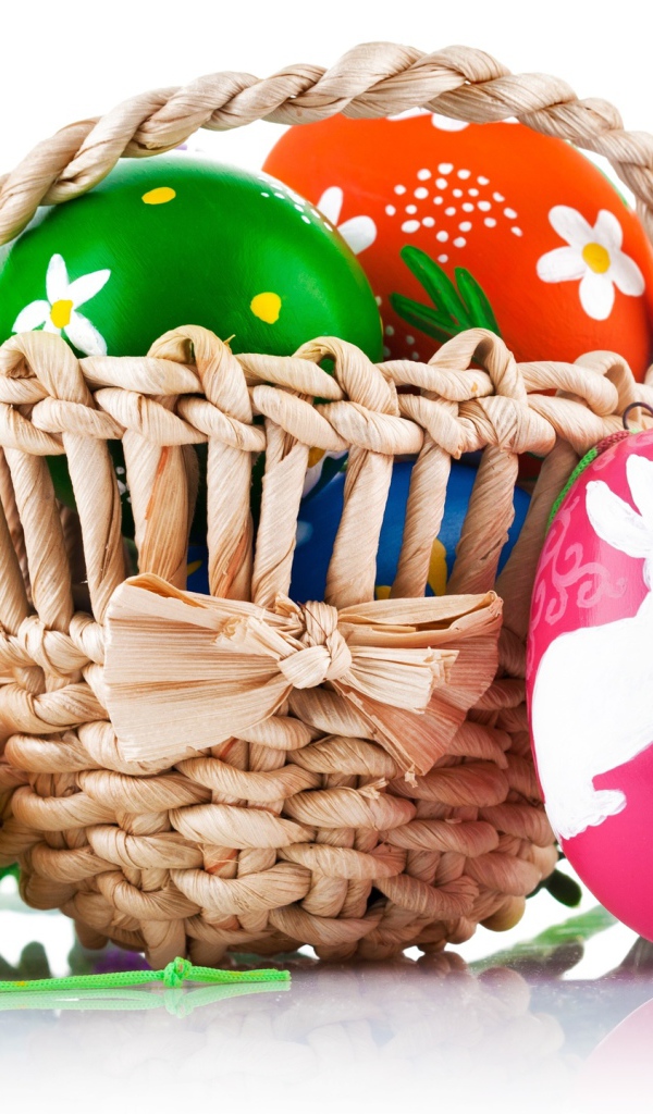 Пасхальные яйца с рисунком в корзине,  на белом фоне 