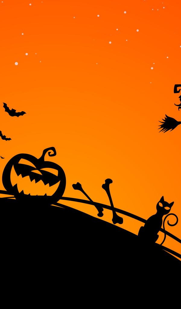 Черная тыква, замок и летящая ведьма на оранжевом фоне праздник Хэллоуин