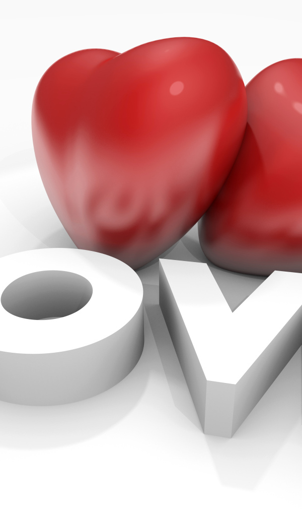 Два больших красных сердца с надписью Любовь на белом фоне, на 14 февраля