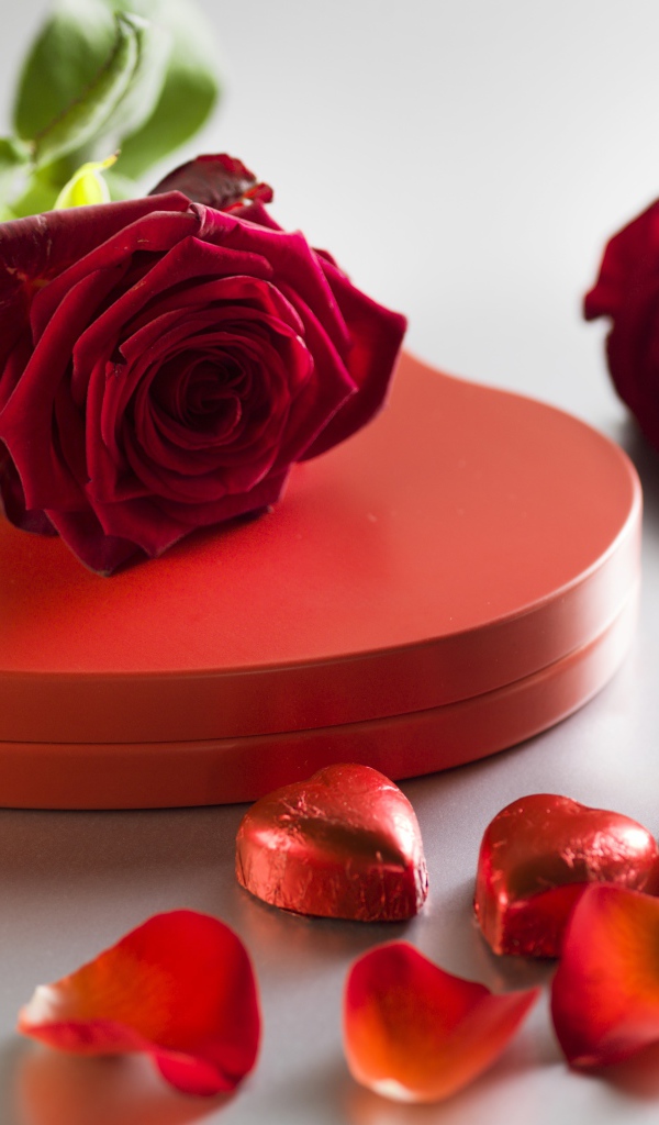Большая красная коробка в форме сердца с шоколадными конфетами и красными розами