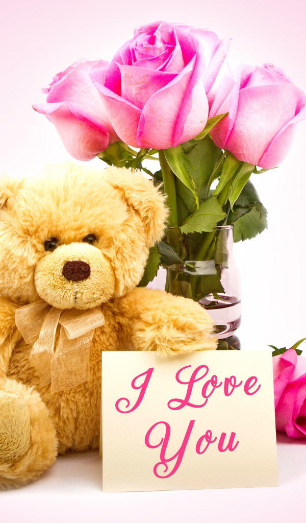 Плюшевый медведь с букетом розовых роз и надписью Я тебя люблю