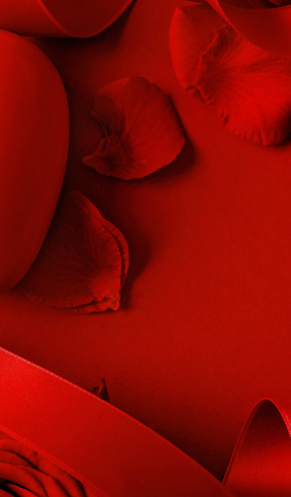 Красное сердце в лепестках красной розы  