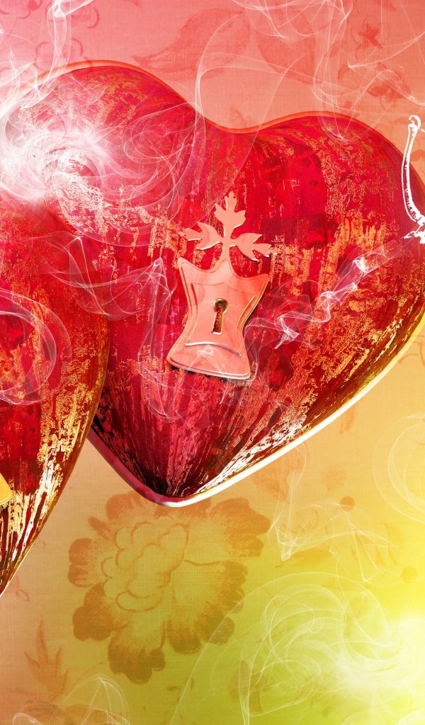 Два больших красных сердца с замочными скважинами и купидонами