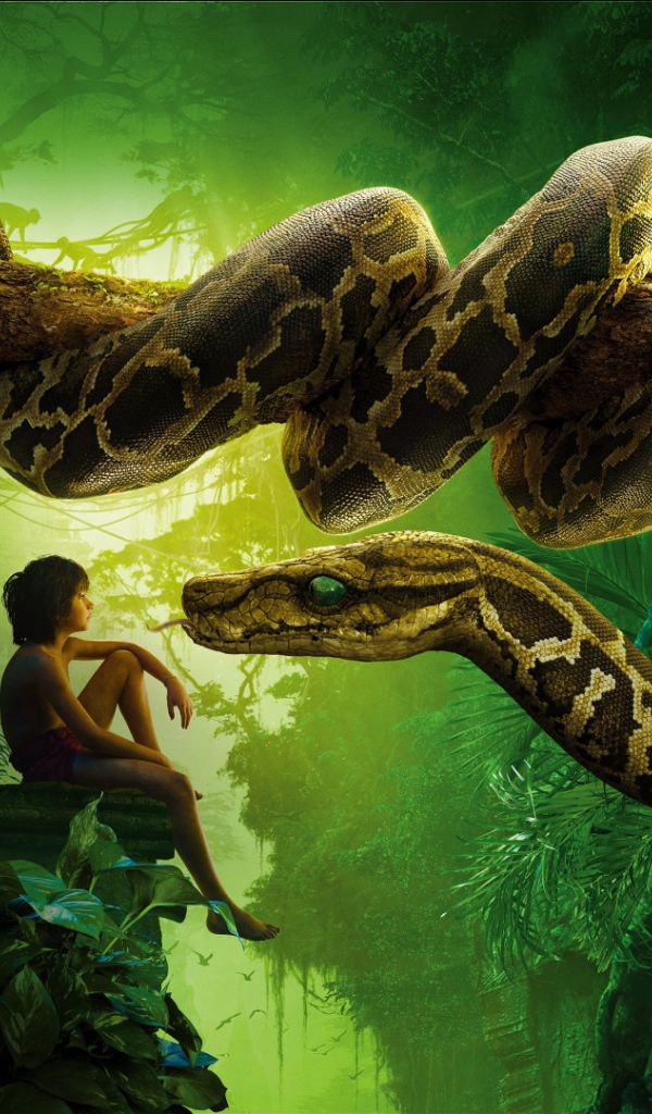Мальчик Маугли и удав Каа персонажи фильма Книга джунглей 2016 