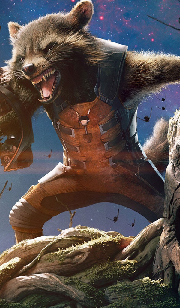 Ракета и Грут в бою персонажи фильма Стражи Галактики Том 2