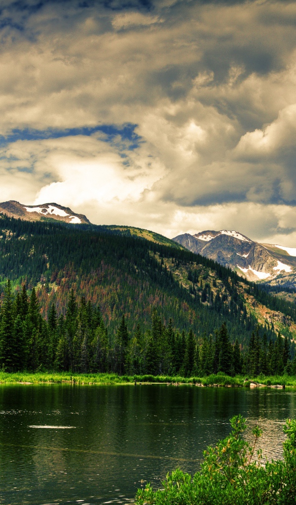 Чистое горное озеро на фоне покрытых лесом гор под облачным небом
