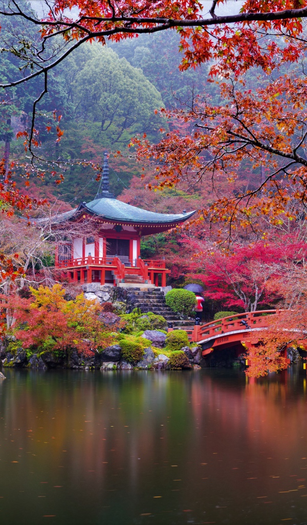 Осенний японский пейзаж у пруда
