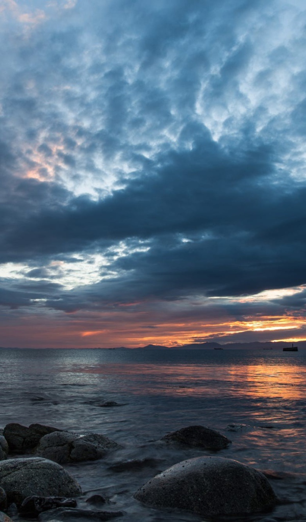 Валуны в воде на берегу на фоне пасмурного неба 