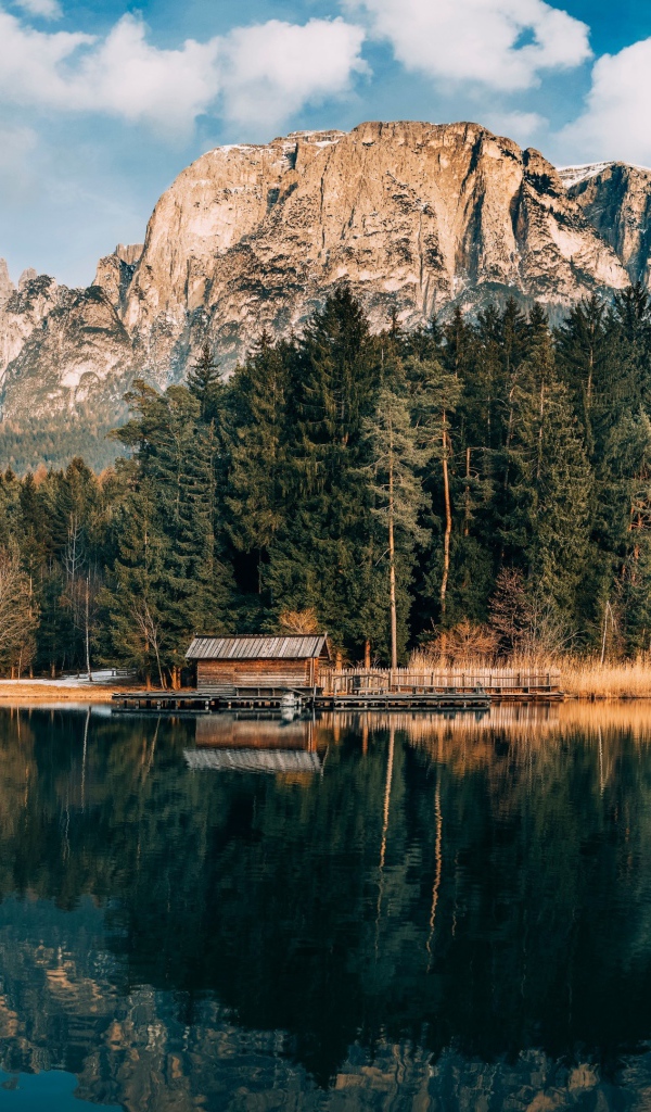 Сосновый лес и гора отражаются в озере