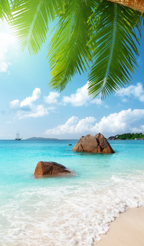 Голубая вода океана омывает белый песок на тропическом пляже