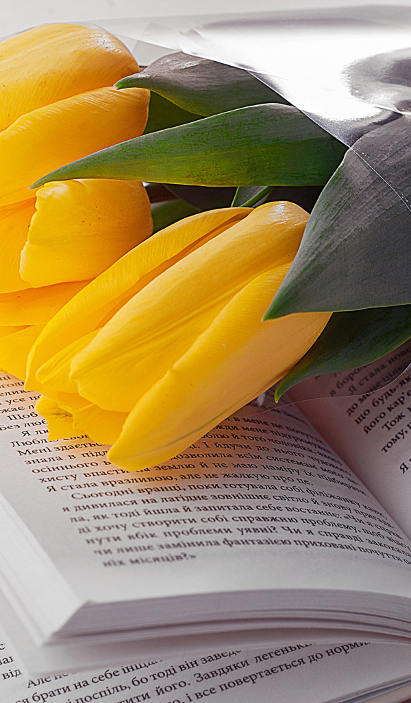 Букет желтых тюльпанов лежит на открытой книге