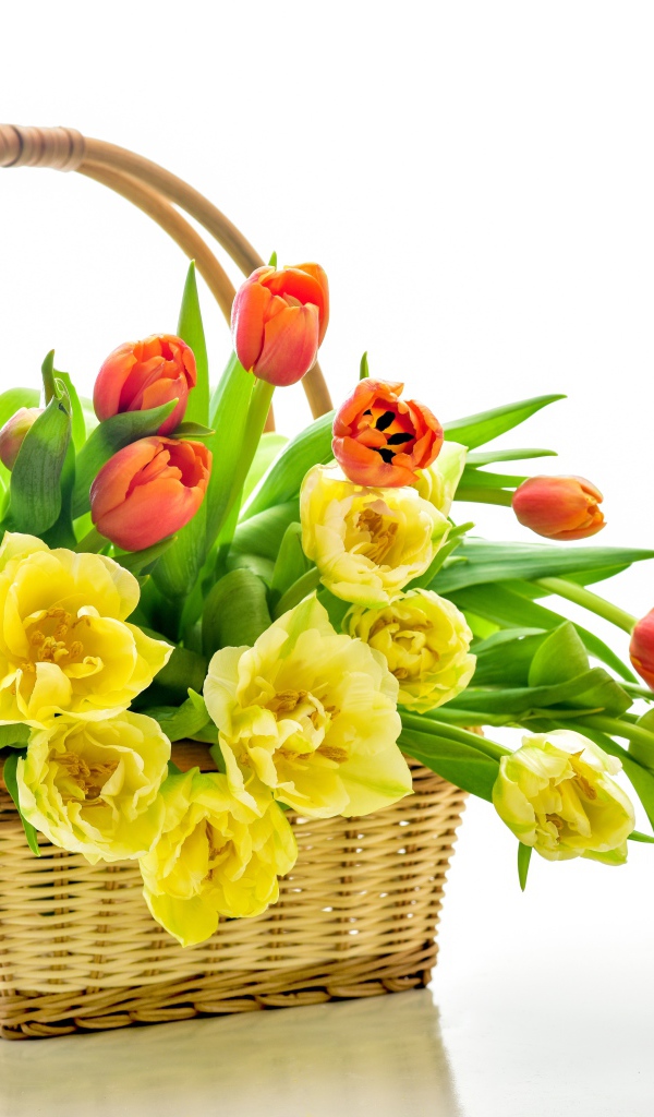 Букет оранжевых и желтых тюльпанов в корзине 