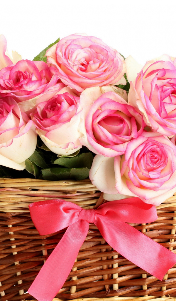 Букет розовых роз в корзине на белом фоне