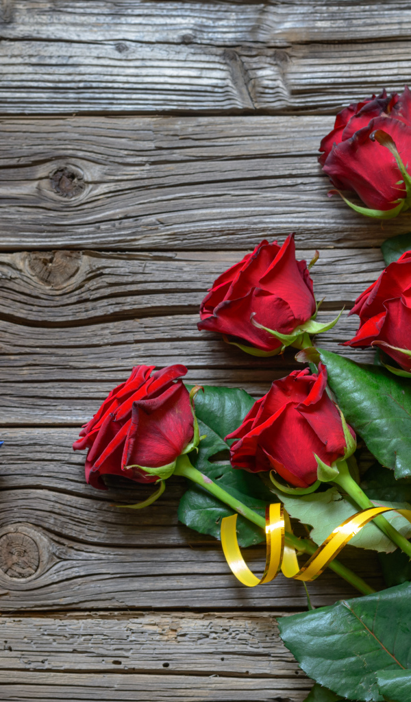 Букет красных роз на столе с синей коробочкой