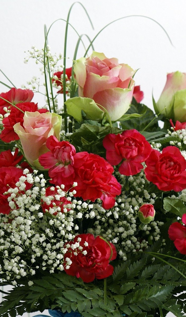 Букет роз с гвоздиками и зеленью на белом фоне