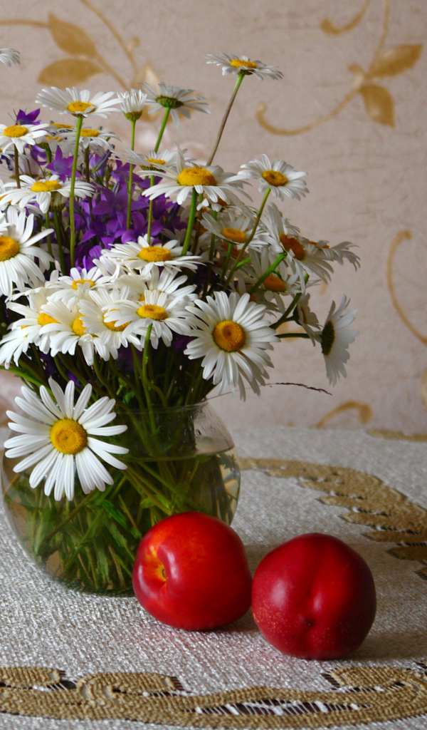 Букет белых полевых ромашек в вазе на столе с розовыми персиками