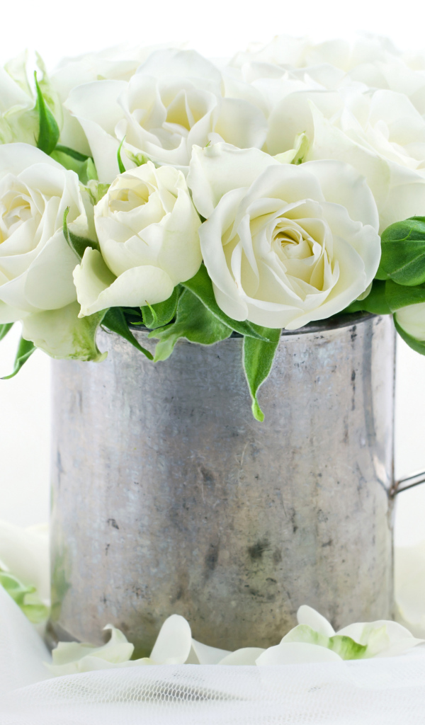 Букет белых роз в железной кружке на белом фоне