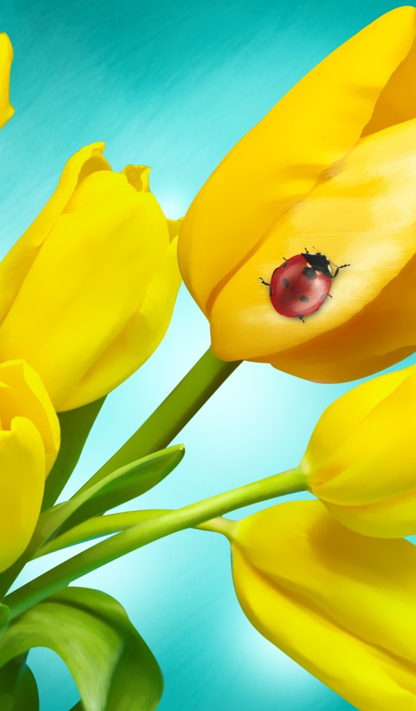 Букет желтых тюльпанов с божьей коровкой на голубом фоне