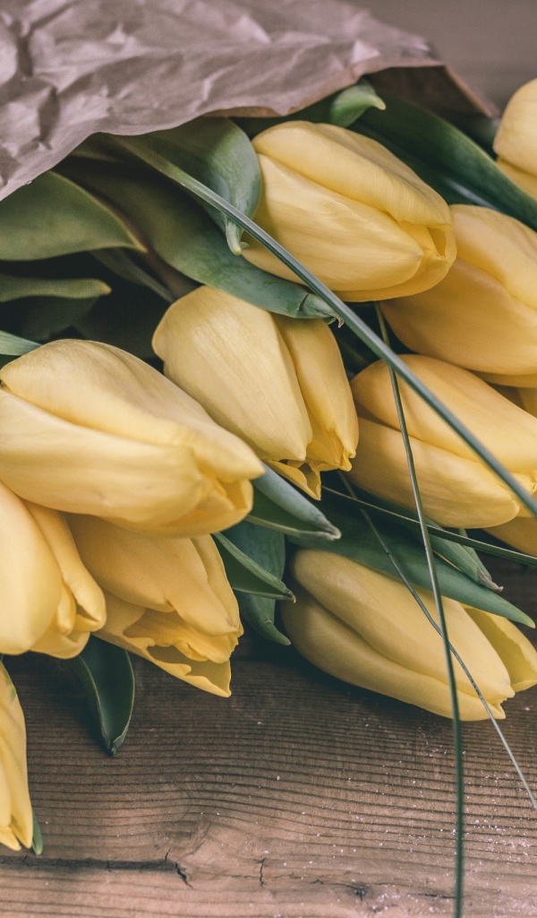 Большой букет желтых тюльпанов в бумаге 