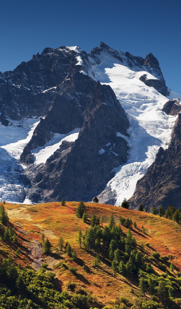 Заснеженные горы на фоне голубого неба 