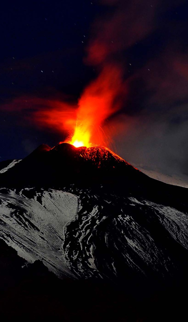 Действующий вулкан Этна ночью 