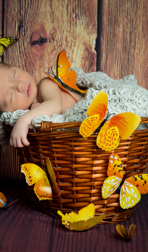 Милый спящий младенец в корзине с бабочками