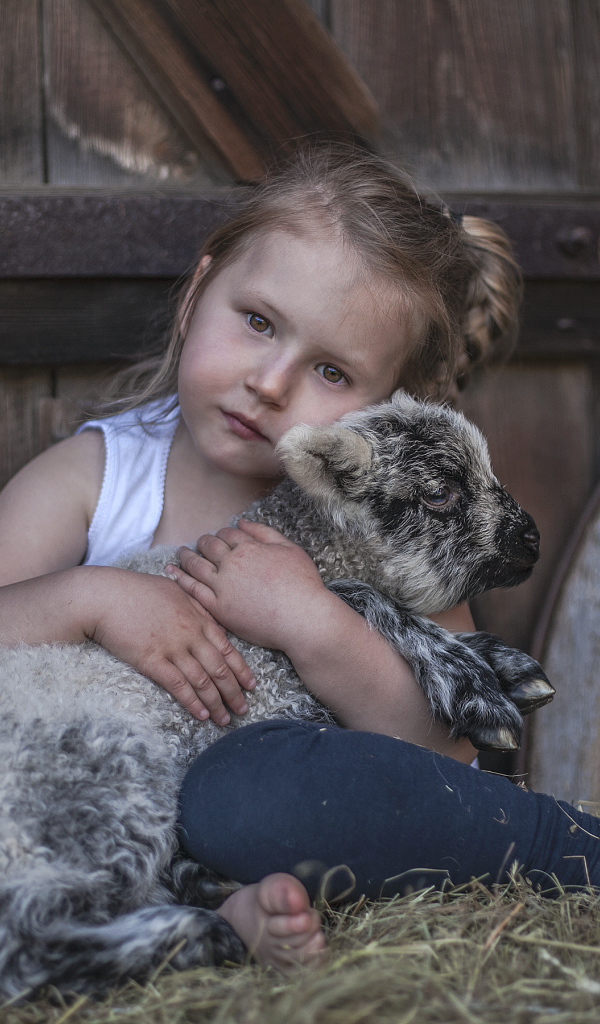 Маленькая кареглазая девочка обнимает ягненка