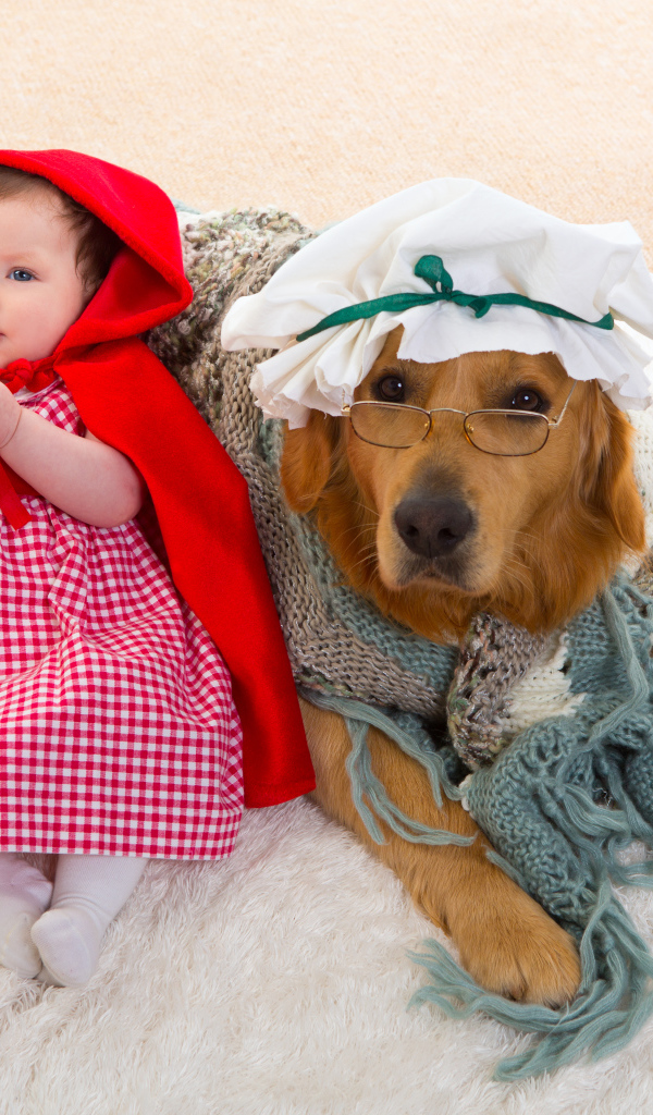 Маленькая девочка в костюме красной шапочки с большой собакой