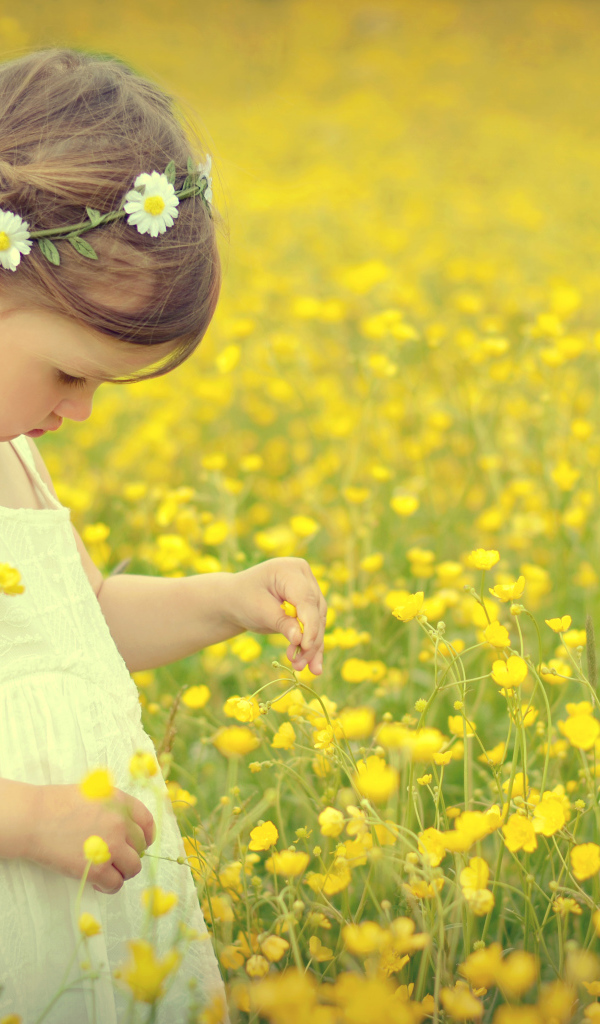 Маленькая девочка в белом платье на лугу с желтыми цветами