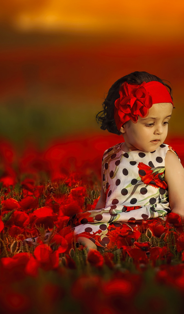 Маленькая девочка сидит в поле с красными маками