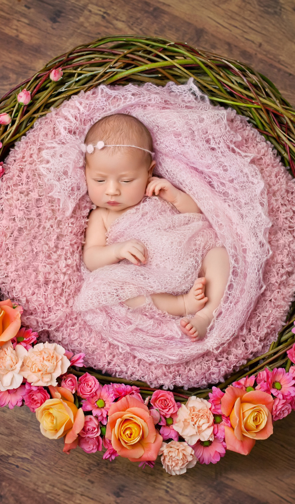 Маленькая девочка спит в корзине украшенной цветами