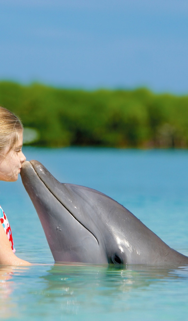 Маленькая девочка с дельфином в голубой воде