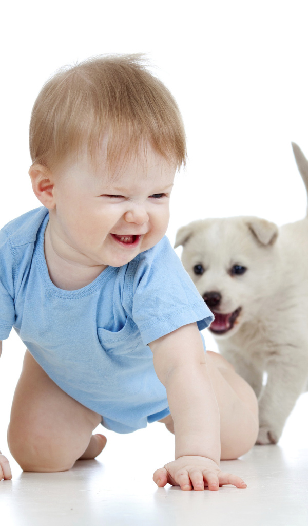 Маленький улыбающийся мальчик с щенком на белом фоне