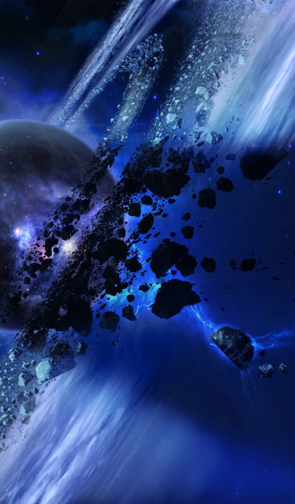 Полет метеоритов вокруг планеты Сатурн в космосе