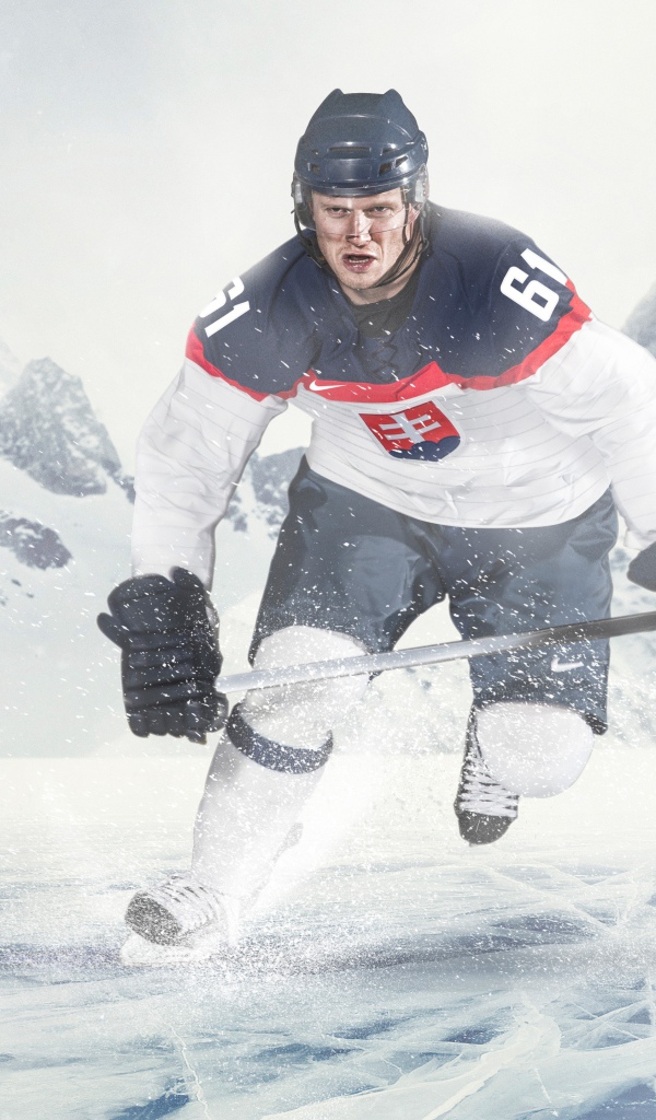 Хоккеист на льду с клюшкой 