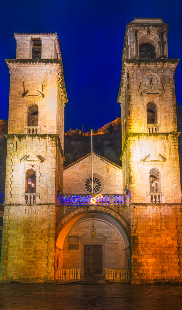 View of St. Trifon's Cathedral at night, Montenegro