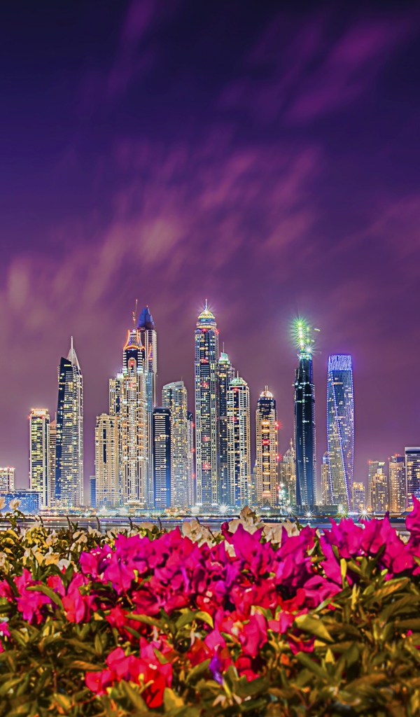 Вид на ночные небоскребы Дубая 
