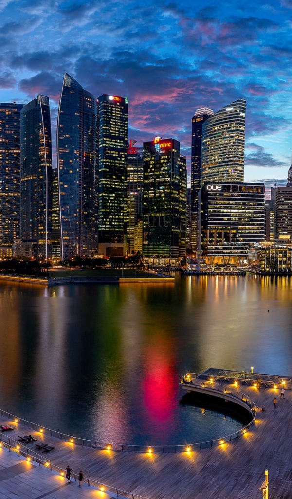 Небоскребы и гавань ночного Сингапура, Азия 