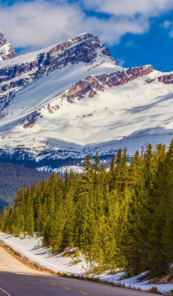 Дорога на фоне заснеженных гор, национальный парк Банф, Канада 