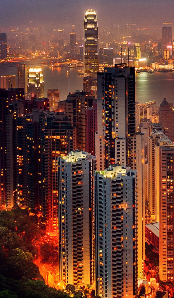 Вид на ночной Гонконг, Китай 