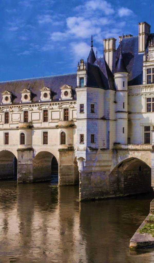 Старинный замок Шенонсо на воде под голубым небом, Франция