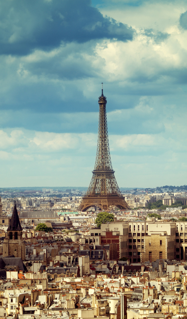 Вид на город Париж и Эйфелеву башню под красивым небом, Франция