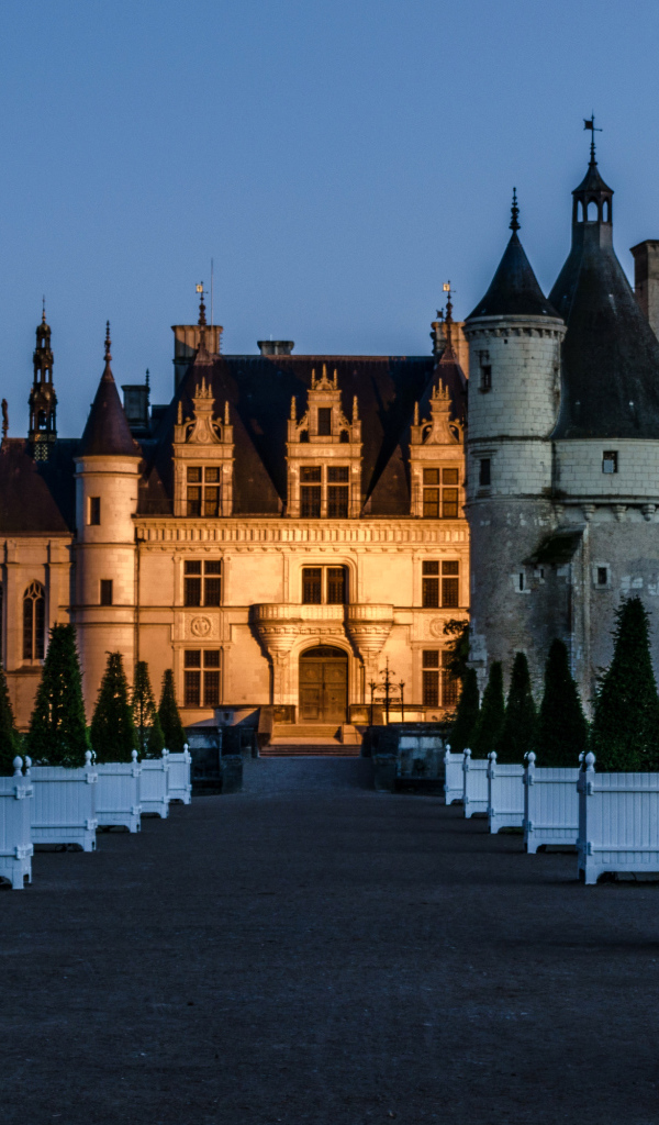 Вид  на вечерний замок Шенонсо, Франция