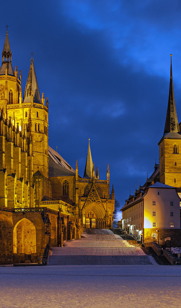 Erfurt Cathedral in the light of evening lights, Germany