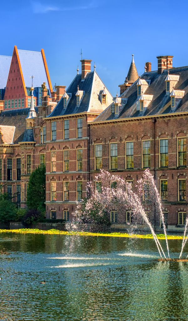 Фонтан на фоне архитектуры города Гаага, Нидерланды  