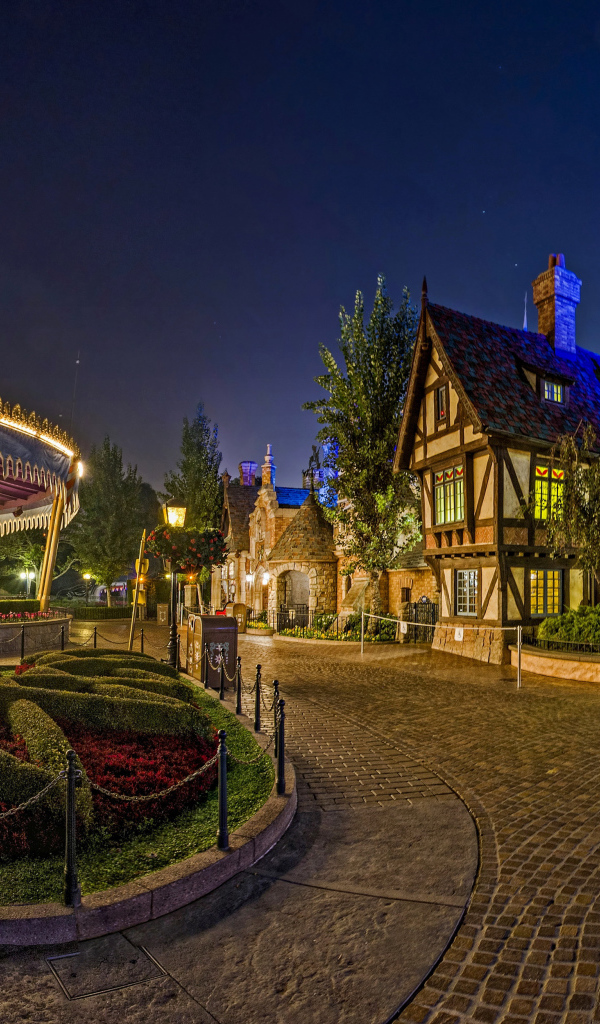 Карусели в гирляндах в парке Диснейленд, Калифорния. США