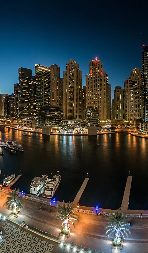 Панорама ночных небоскребов и причала, Дубай. ОАЭ